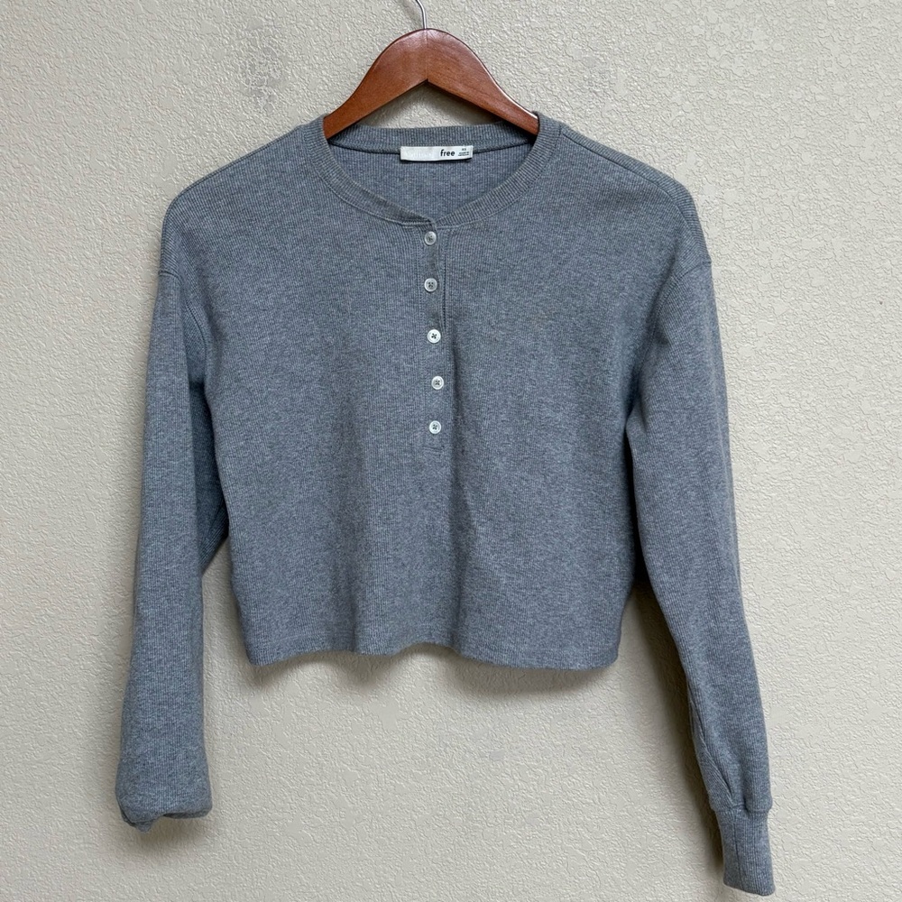 Aritzia Wilfred Free Mavis Heather Gray Cropped Henley Sweatshirt Women’s XS